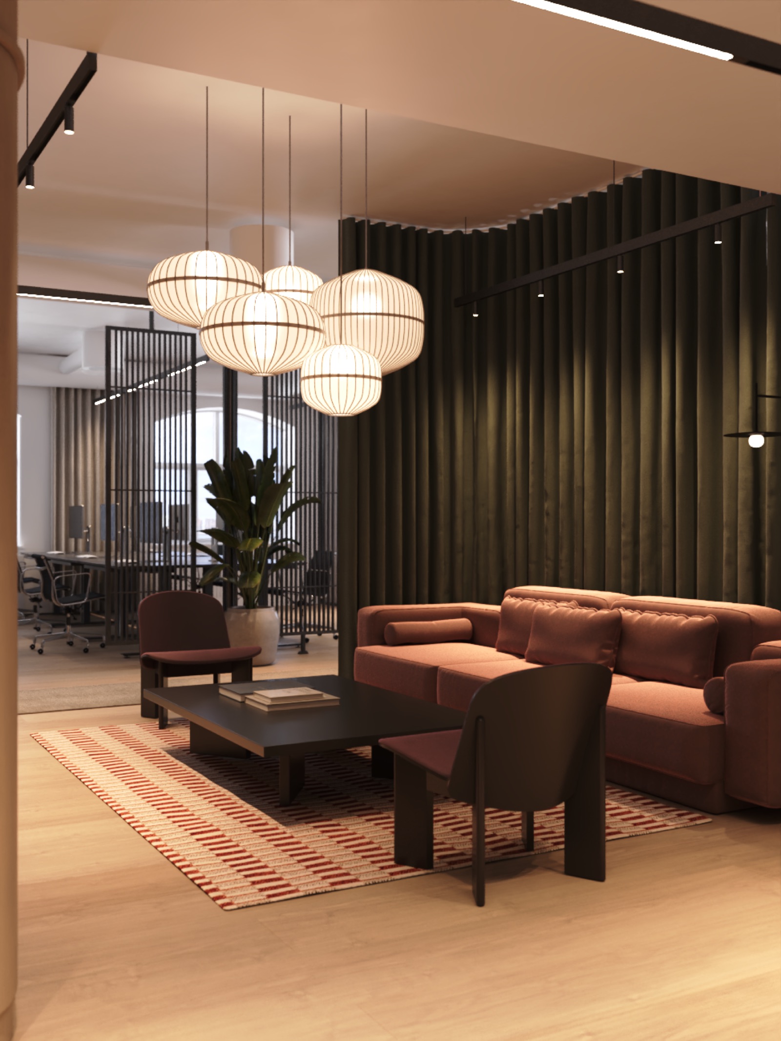 Lounge med sofaer og lanterner i stueetagen på Indiakaj